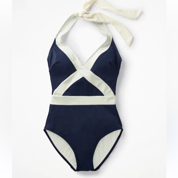 Boden Kefalonia Halterneck Swimsuit Dark Navy White NWOT Size 6 - Picture 2 of 11